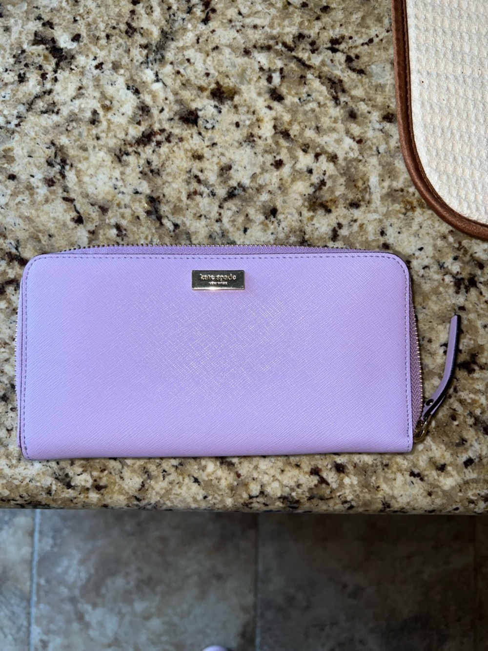 kate spade Lavender Zip-Around Saffiano Wallet with Gold Plaque